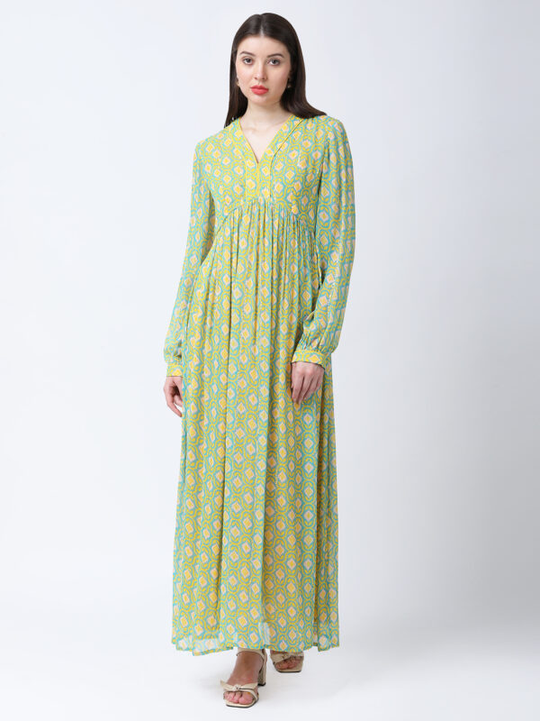 YELLOW/GREEN TUREG PRINTED GEORGETTE LUREX LONG DRESS