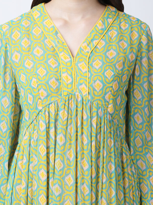 YELLOW/GREEN TUREG PRINTED GEORGETTE LUREX LONG DRESS