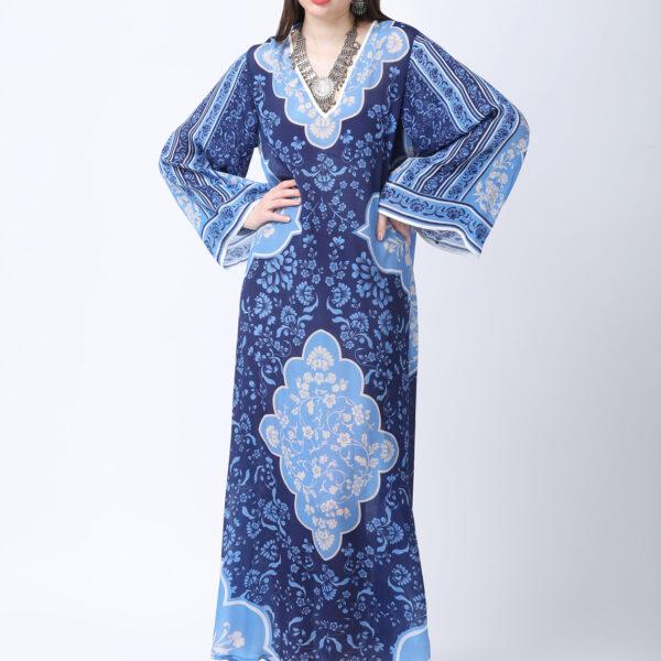 INDIGO MEHARAB PRINTED VISCOSE CREPE KAFTAN
