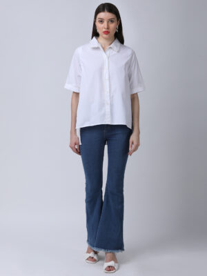 PEARL WHITE COTTON POPLIN BACK OPEN LOOSE SHIRT