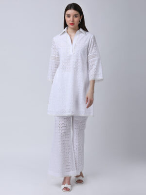 PEARL WHITE COTTON SCHIFFLEY EMBROIDERED TUNIC SET