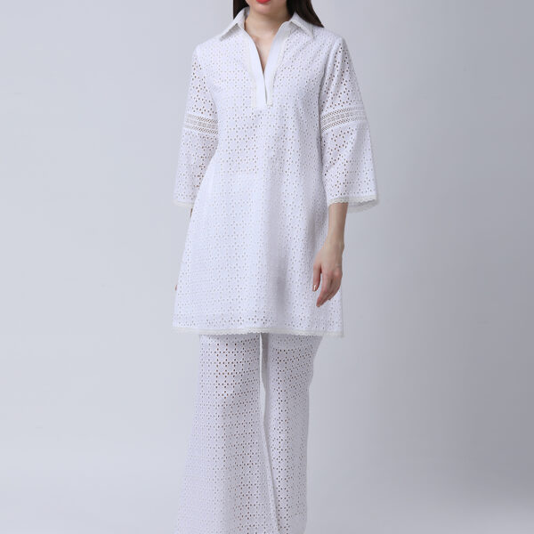 PEARL WHITE COTTON SCHIFFLEY EMBROIDERED TUNIC SET