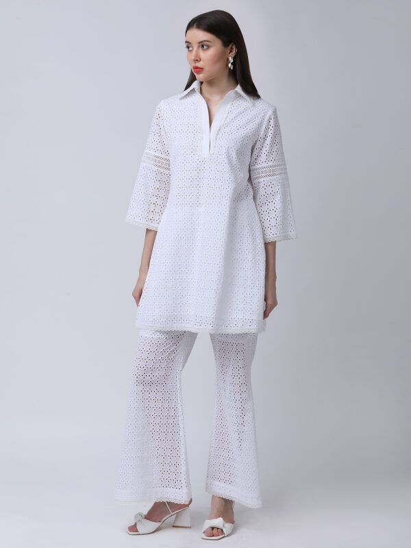 PEARL WHITE COTTON SCHIFFLEY EMBROIDERED TUNIC SET