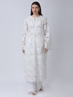 PEARL WHITE COTTON SCHIFFLEY EMBROIDERED TUNIC SET
