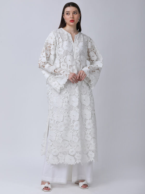 PEARL WHITE COTTON SCHIFFLEY EMBROIDERED TUNIC SET