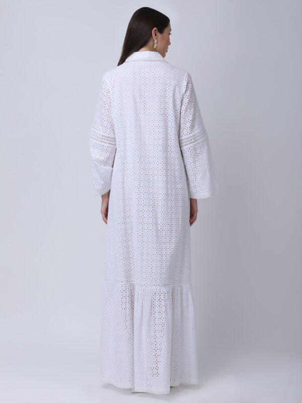PEARL WHITE COTTON SCHIFFLEY EMBROIDERED LONG DRESS