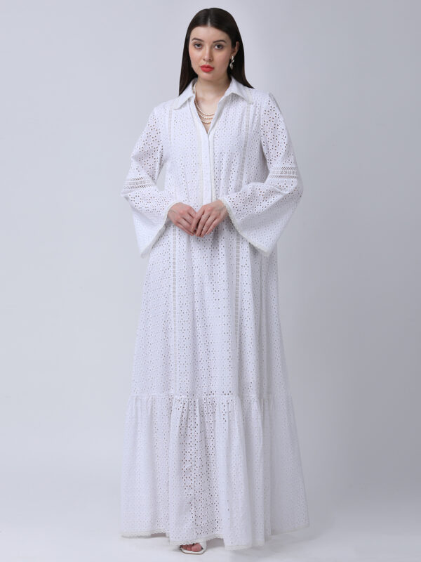 PEARL WHITE COTTON SCHIFFLEY EMBROIDERED LONG DRESS