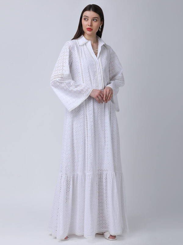 PEARL WHITE COTTON SCHIFFLEY EMBROIDERED LONG DRESS