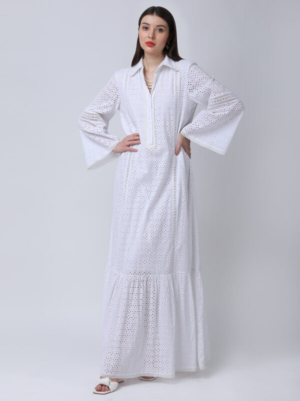 PEARL WHITE COTTON SCHIFFLEY EMBROIDERED LONG DRESS