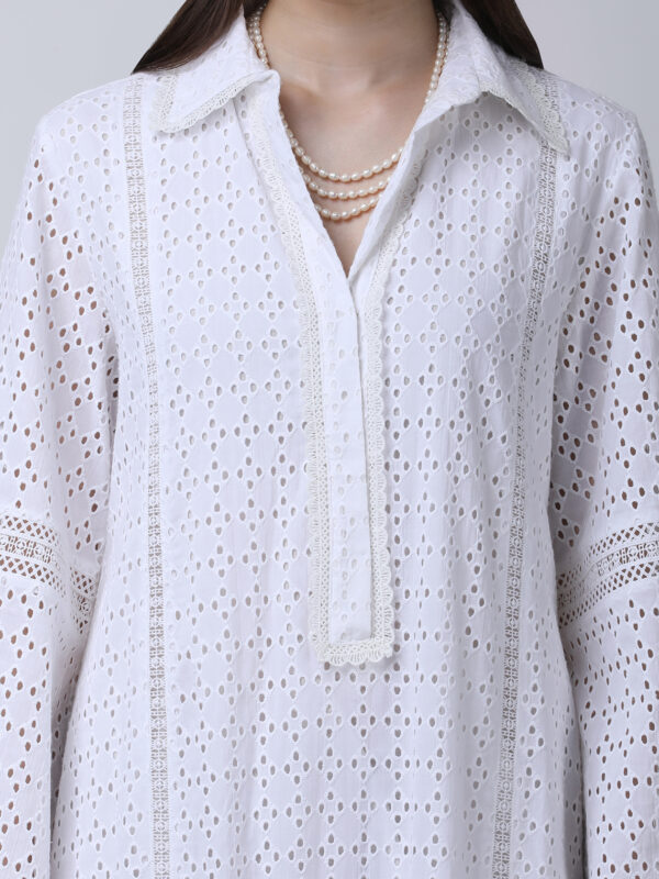 PEARL WHITE COTTON SCHIFFLEY EMBROIDERED LONG DRESS