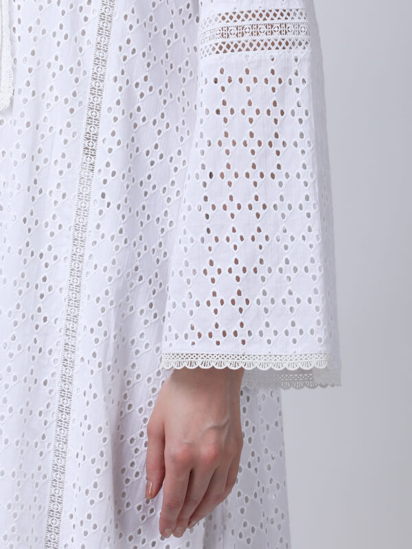PEARL WHITE COTTON SCHIFFLEY EMBROIDERED LONG DRESS