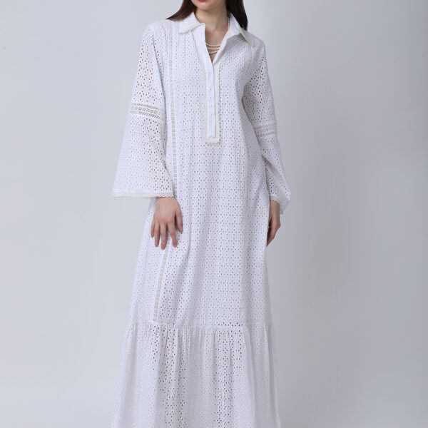 PEARL WHITE COTTON SCHIFFLEY EMBROIDERED LONG DRESS