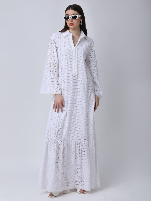 PEARL WHITE COTTON SCHIFFLEY EMBROIDERED LONG DRESS